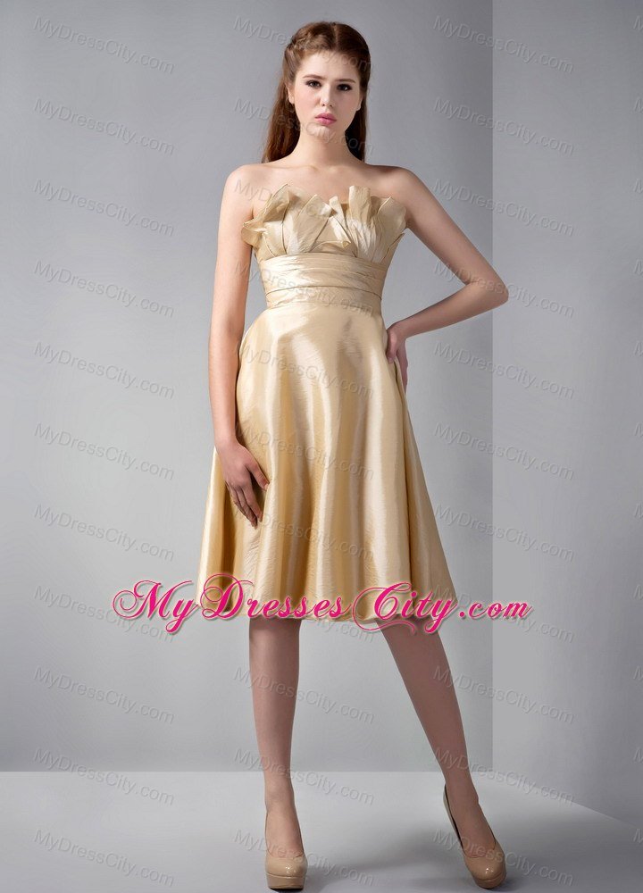 Gold Strapless Knee-length Satin Ruche Bridesmaid Dress With Floral Hem