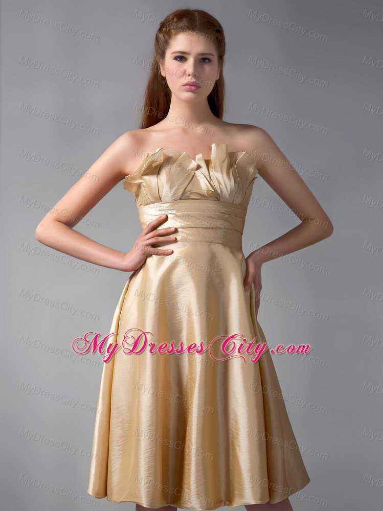 Gold Strapless Knee-length Satin Ruche Bridesmaid Dress With Floral Hem