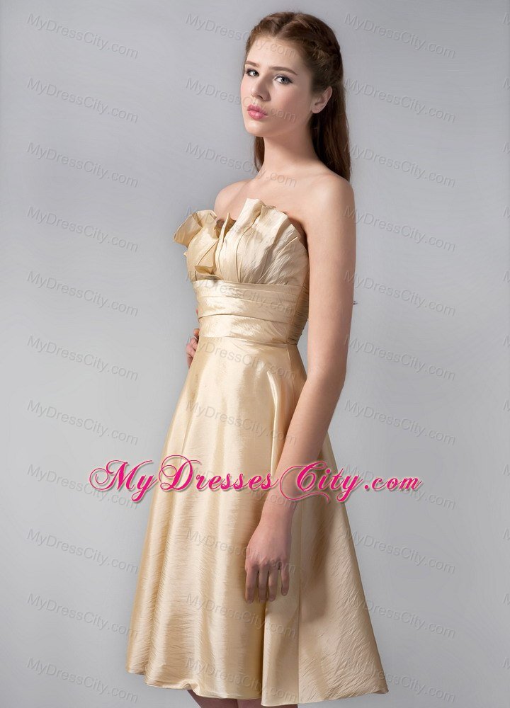 Gold Strapless Knee-length Satin Ruche Bridesmaid Dress With Floral Hem