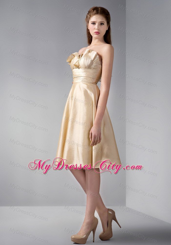 Gold Strapless Knee-length Satin Ruche Bridesmaid Dress With Floral Hem