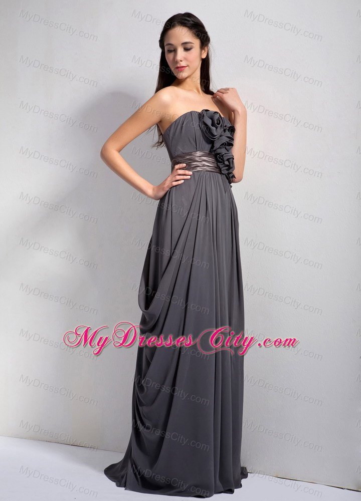 Dark Grey Empire Ruching Bridesmaid Dress with Flowers and Brown Belt