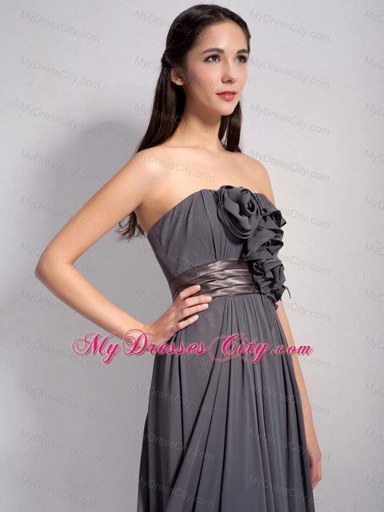 Dark Grey Empire Ruching Bridesmaid Dress with Flowers and Brown Belt