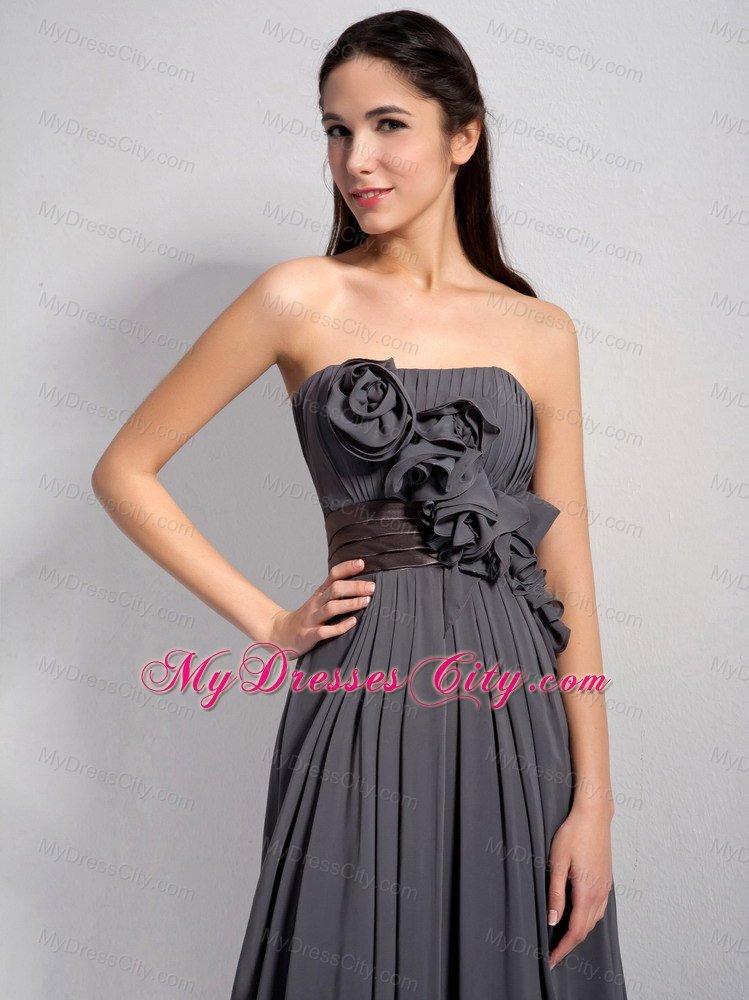 Dark Grey Empire Ruching Bridesmaid Dress with Flowers and Brown Belt