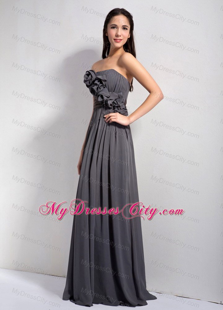 Dark Grey Empire Ruching Bridesmaid Dress with Flowers and Brown Belt