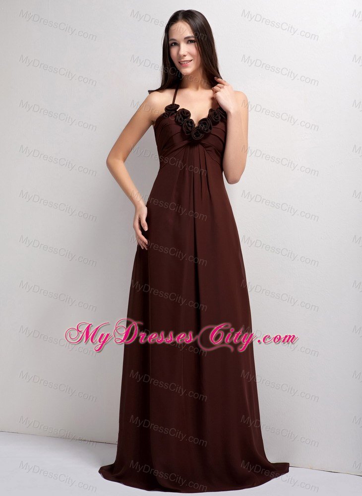 Spaghetti Straps Brown Brush Train V-neck Bridesmaid Dress with Flowers