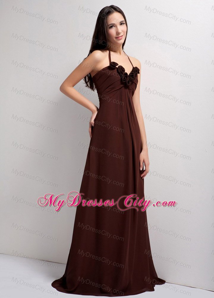 Spaghetti Straps Brown Brush Train V-neck Bridesmaid Dress with Flowers