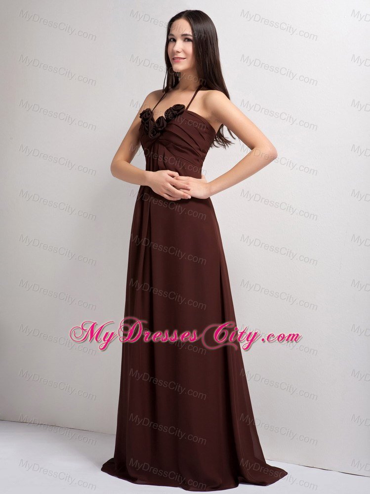 Spaghetti Straps Brown Brush Train V-neck Bridesmaid Dress with Flowers