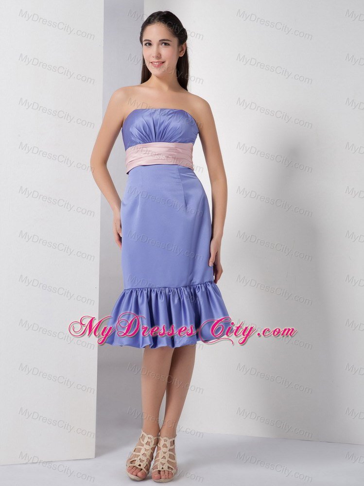 Knee-length Strapless Lilac Dresses For Bridesmaid with Light Pink Belt