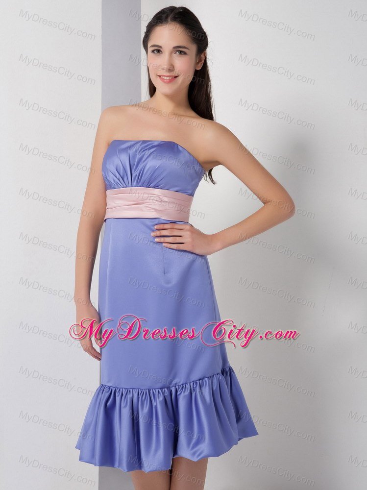 Knee-length Strapless Lilac Dresses For Bridesmaid with Light Pink Belt