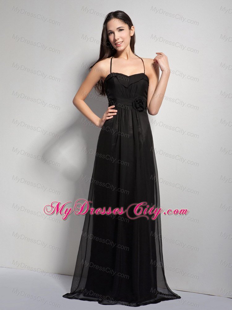 Black Empire Halter Brush Train Bridesmaid Dresses with Hand Made Flower