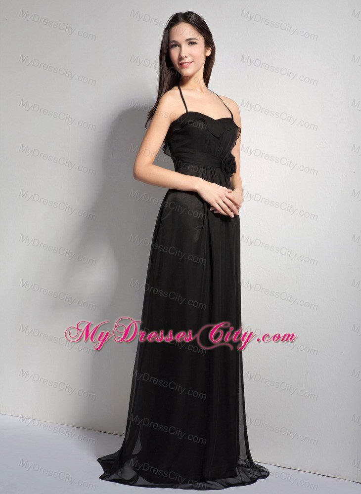 Black Empire Halter Brush Train Bridesmaid Dresses with Hand Made Flower