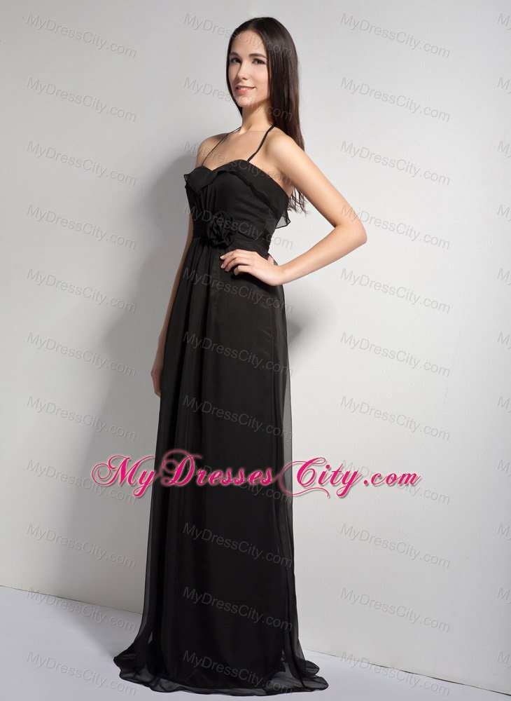 Black Empire Halter Brush Train Bridesmaid Dresses with Hand Made Flower