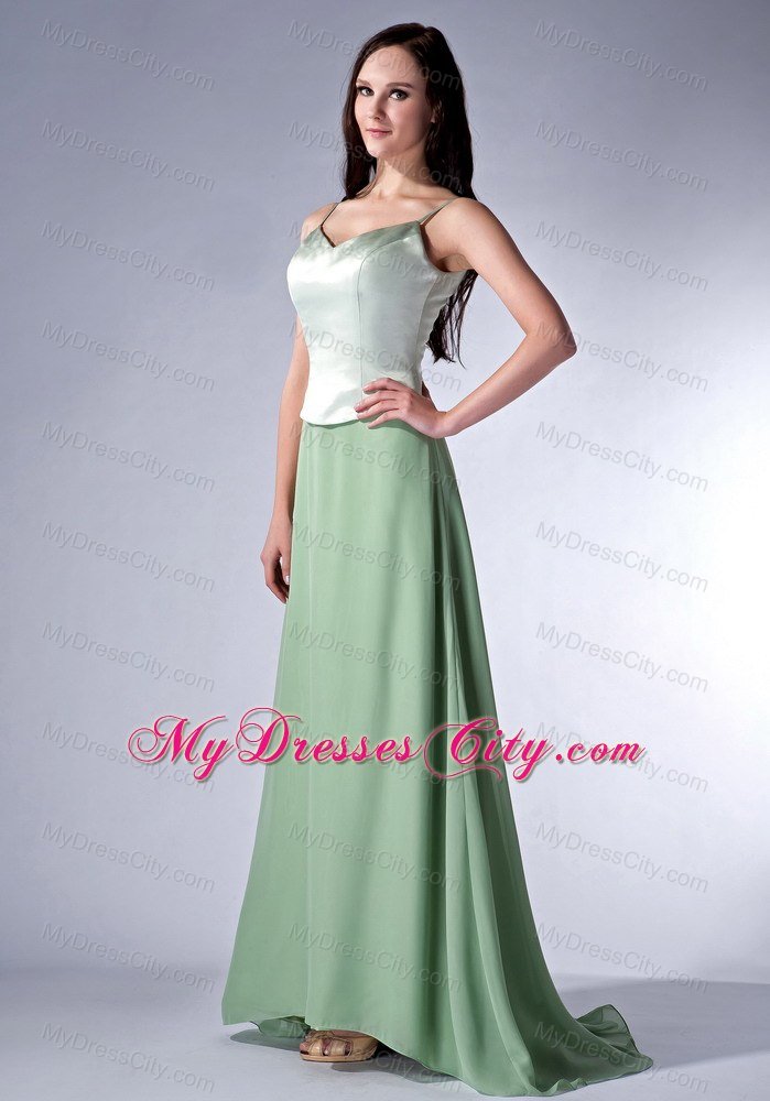 Spaghetti Straps Apple Green Column Chiffon Brush Train Bridesmaid Dress