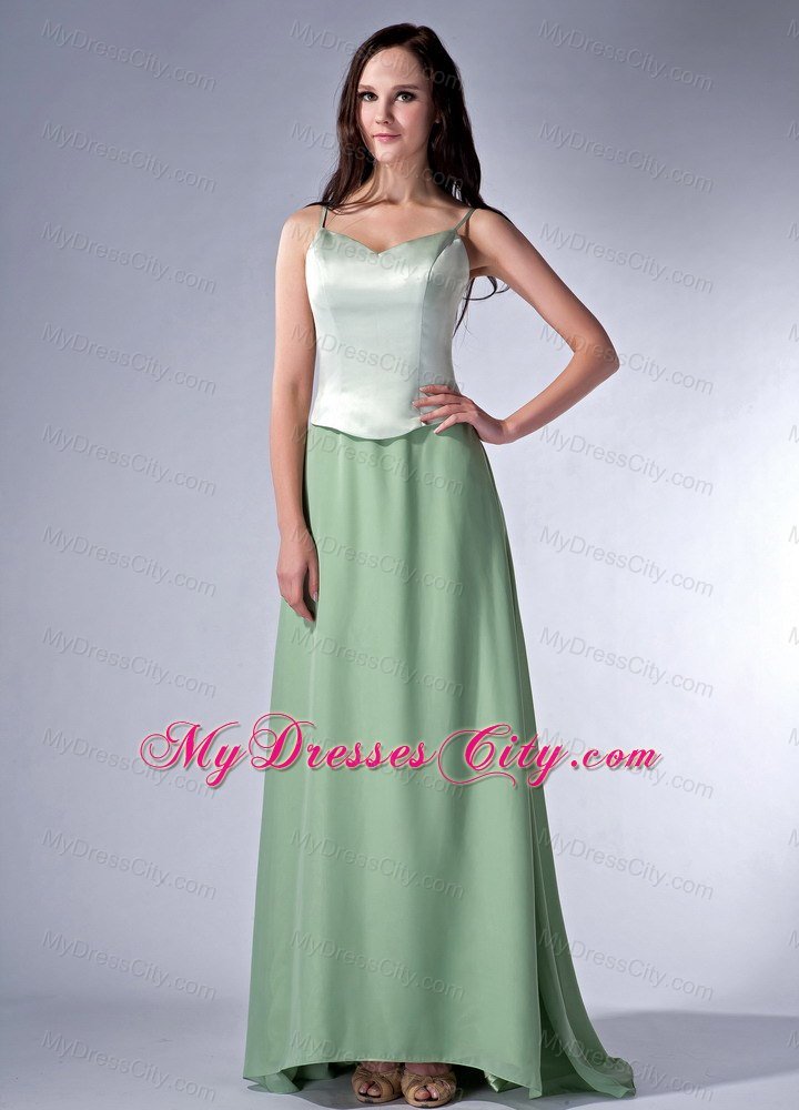 Spaghetti Straps Apple Green Column Chiffon Brush Train Bridesmaid Dress