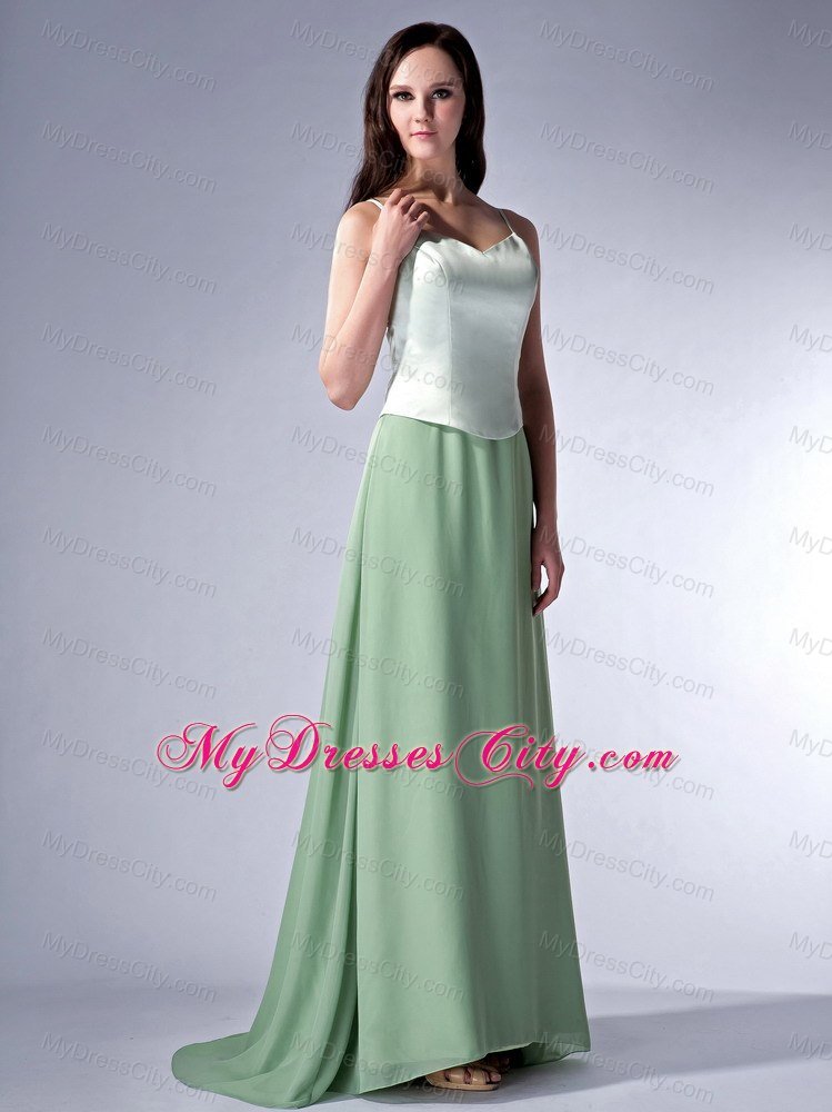 Spaghetti Straps Apple Green Column Chiffon Brush Train Bridesmaid Dress