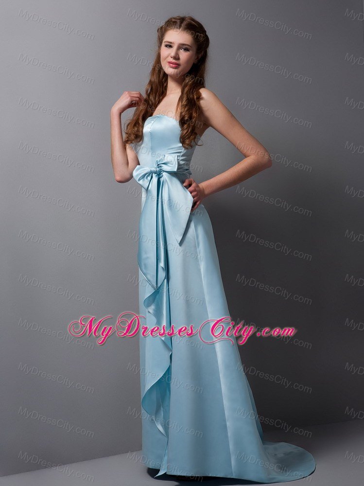 Baby Blue Column Strapless Brush Train Bridesmaid Dress with Bowknot Belt