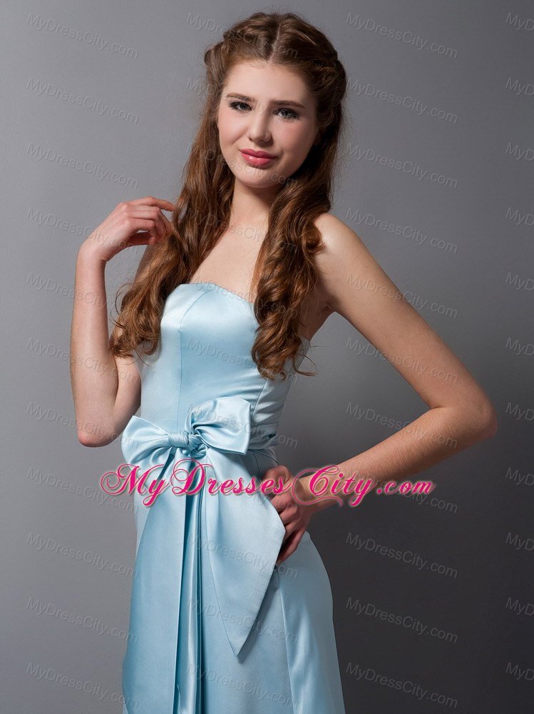 Baby Blue Column Strapless Brush Train Bridesmaid Dress with Bowknot Belt