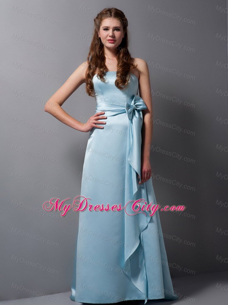 Baby Blue Column Strapless Brush Train Bridesmaid Dress with Bowknot Belt