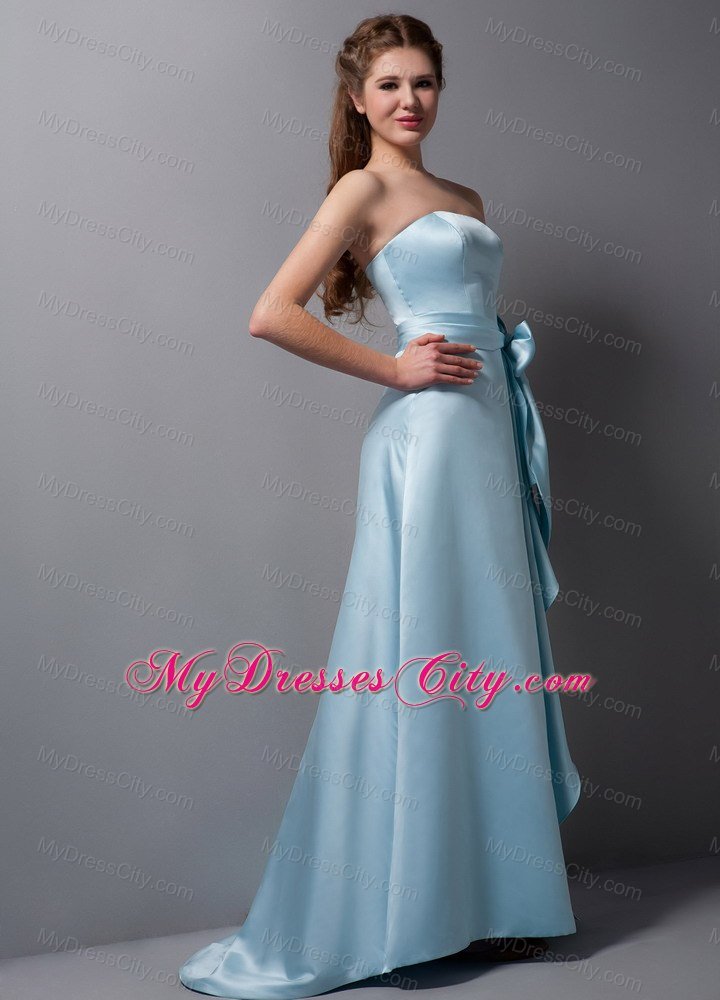 Baby Blue Column Strapless Brush Train Bridesmaid Dress with Bowknot Belt