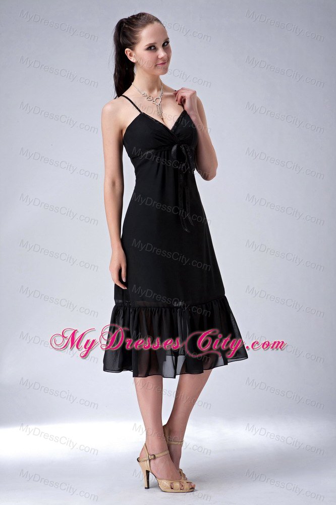 Tea-length Black Column Straps Bridesmaid Dress with Ruched Hem