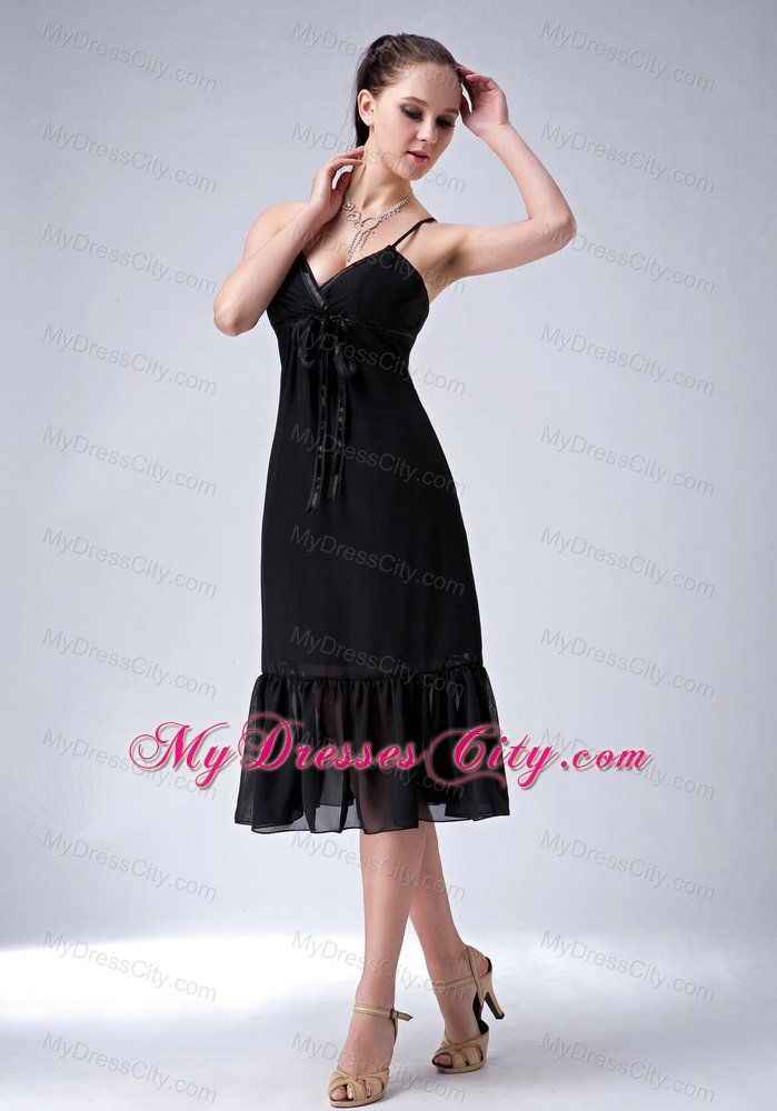 Tea-length Black Column Straps Bridesmaid Dress with Ruched Hem