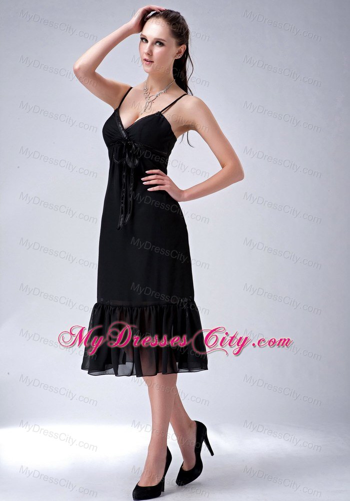 Tea-length Black Column Straps Bridesmaid Dress with Ruched Hem