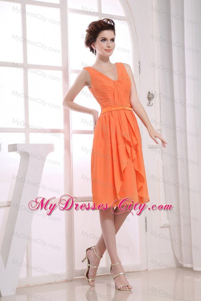 V-neck Ruched Orange Knee-length Dress for Bridesmaid