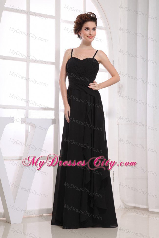 Long Ruched Spaghetti Straps Black Chiffon Bridesmaid Dress