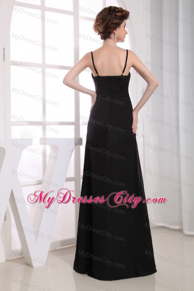 Long Ruched Spaghetti Straps Black Chiffon Bridesmaid Dress