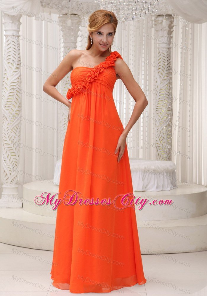 Flowers Decorate One Shoulder Orange Chiffon Bridesmaid Dress