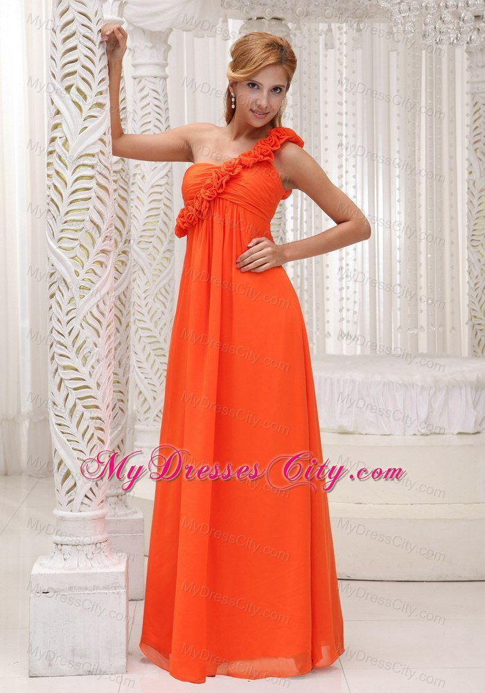 Flowers Decorate One Shoulder Orange Chiffon Bridesmaid Dress