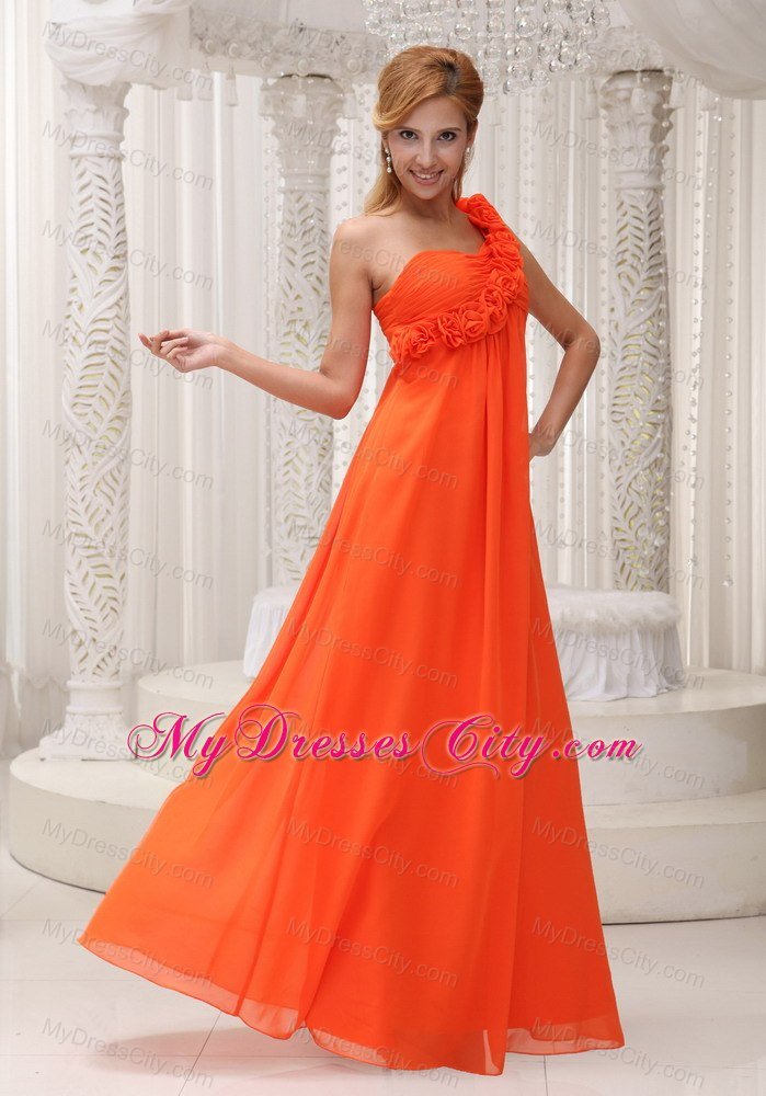 Flowers Decorate One Shoulder Orange Chiffon Bridesmaid Dress