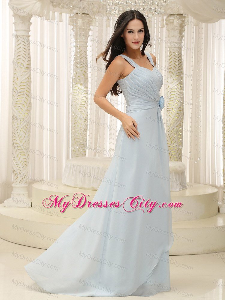 Straps Long Bridesmaid Dress with Flower and Ruches