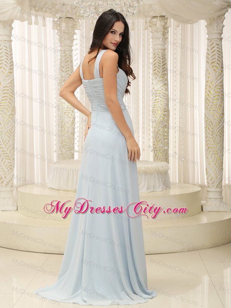 Straps Long Bridesmaid Dress with Flower and Ruches