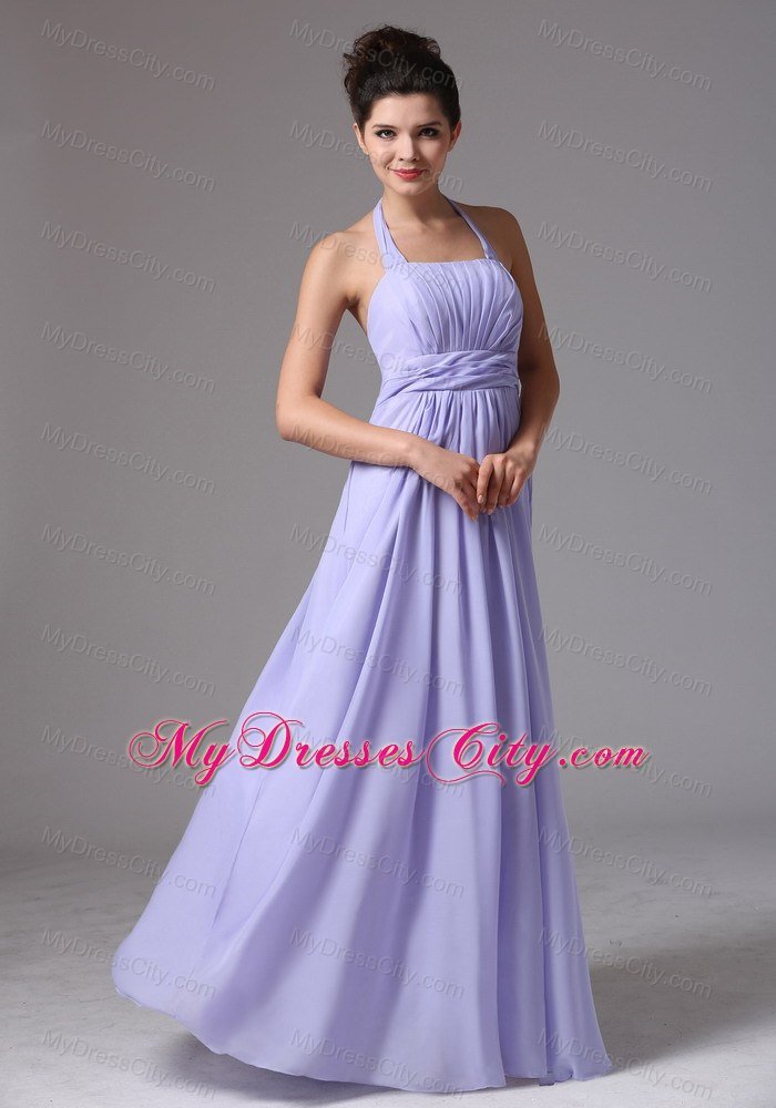 Floor-length Ruched Halter Lilac Dress for Bridesmaid