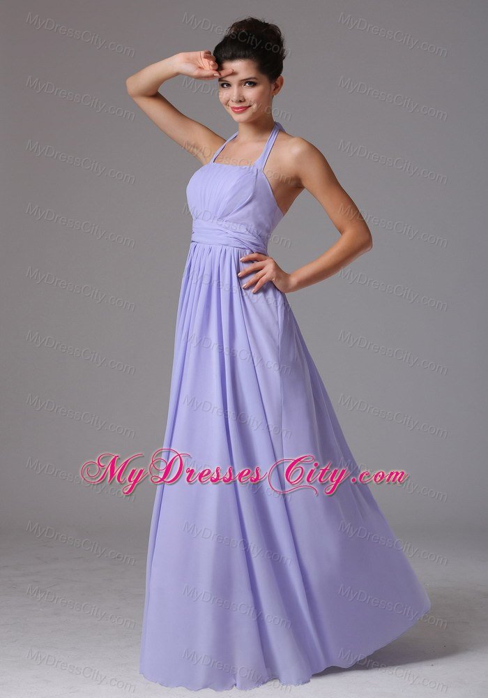 Floor-length Ruched Halter Lilac Dress for Bridesmaid