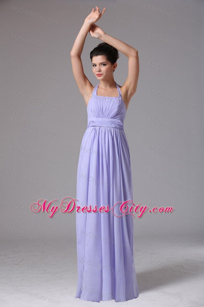 Floor-length Ruched Halter Lilac Dress for Bridesmaid