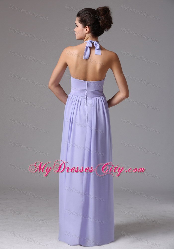 Floor-length Ruched Halter Lilac Dress for Bridesmaid