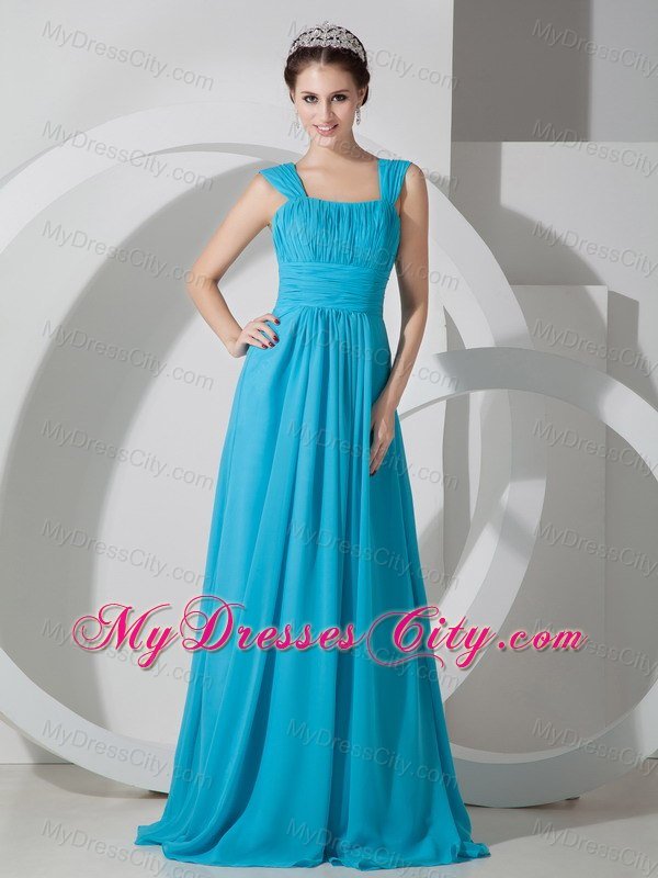 Straps Square Ruched Teal Chiffon Dress for Bridesmaid