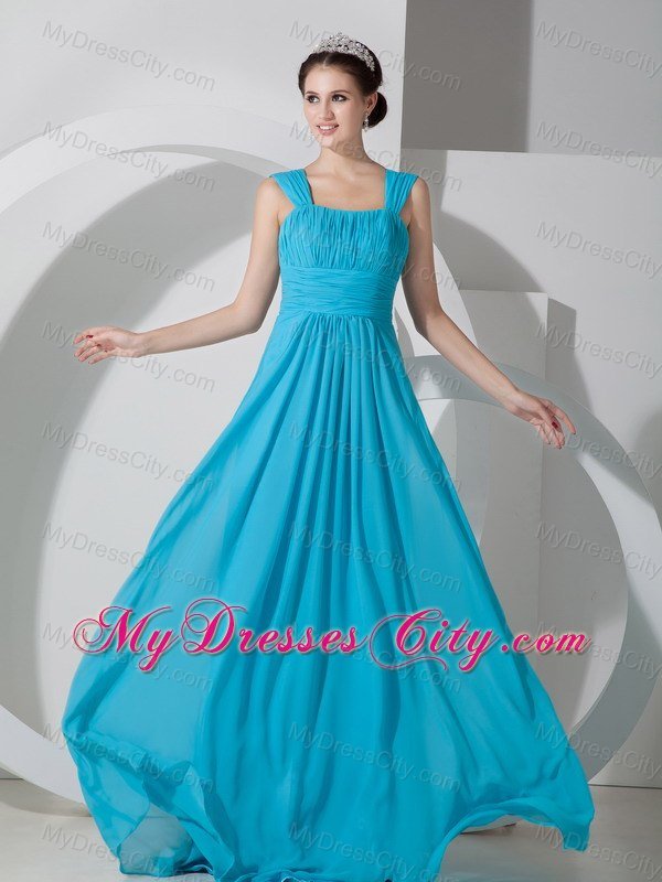 Straps Square Ruched Teal Chiffon Dress for Bridesmaid