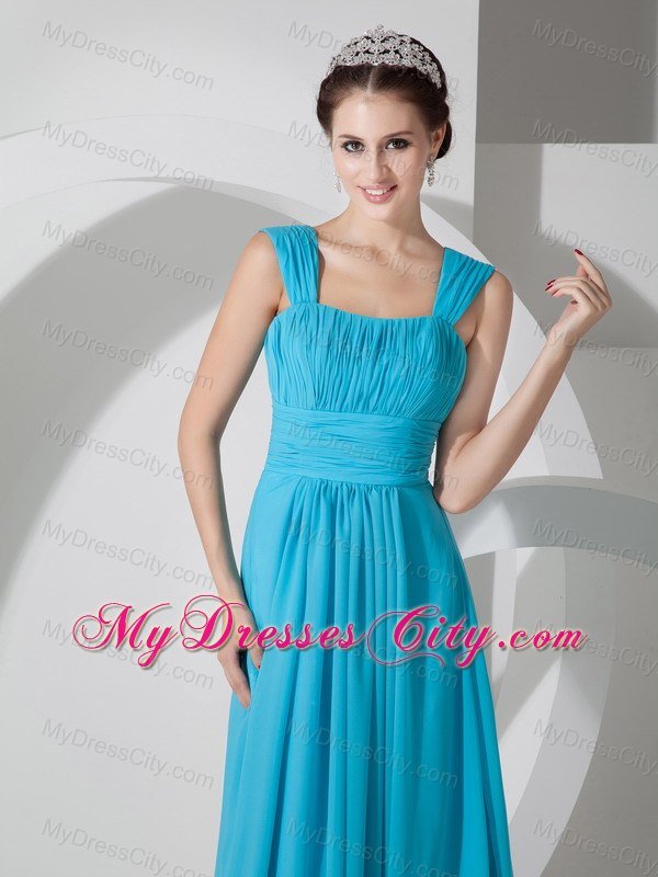 Straps Square Ruched Teal Chiffon Dress for Bridesmaid