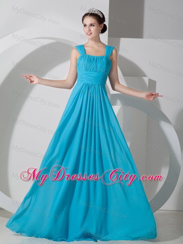 Straps Square Ruched Teal Chiffon Dress for Bridesmaid