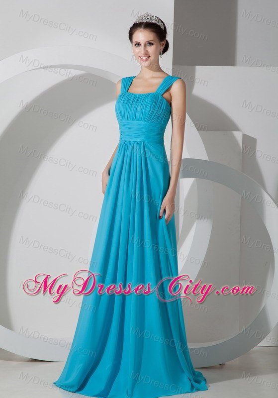 Straps Square Ruched Teal Chiffon Dress for Bridesmaid