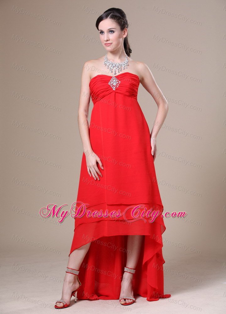 Ruched and Layered Red High-low Dress for Bridesmaid