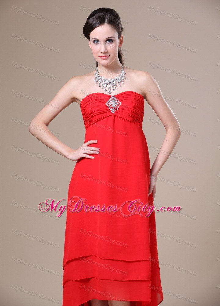 Ruched and Layered Red High-low Dress for Bridesmaid