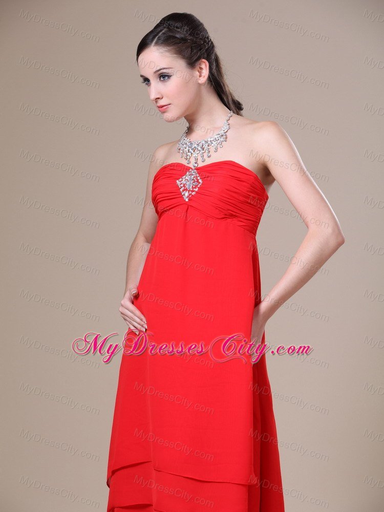 Ruched and Layered Red High-low Dress for Bridesmaid