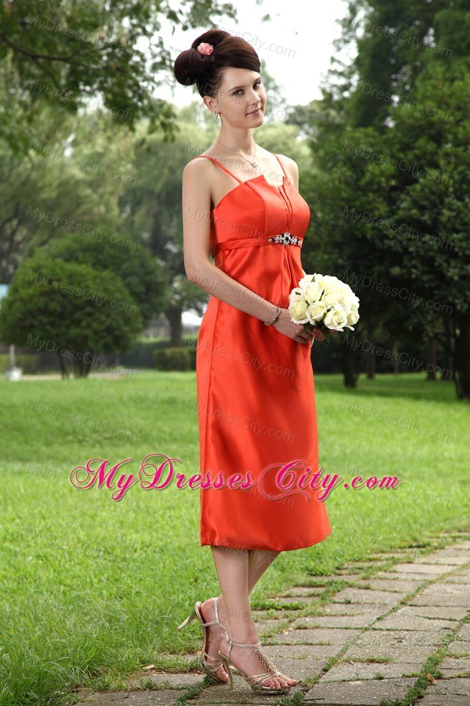 Ruches Spaghetti Straps Orange Bridesmaid Dress with Beaded Belt