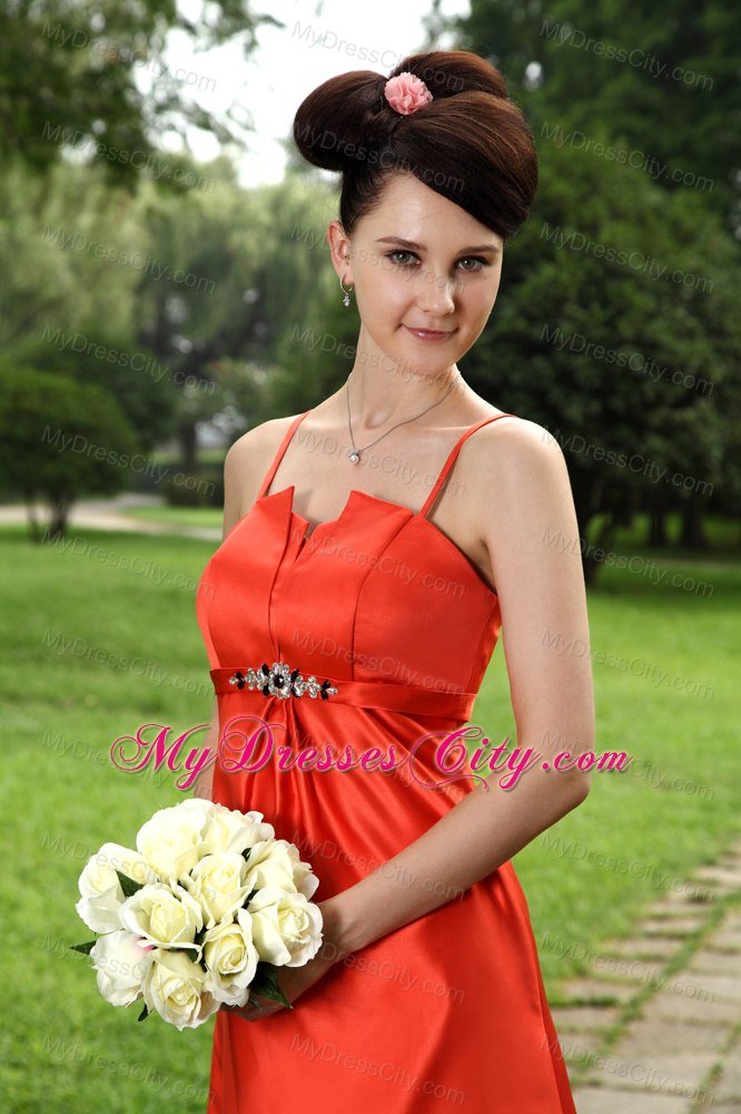 Ruches Spaghetti Straps Orange Bridesmaid Dress with Beaded Belt