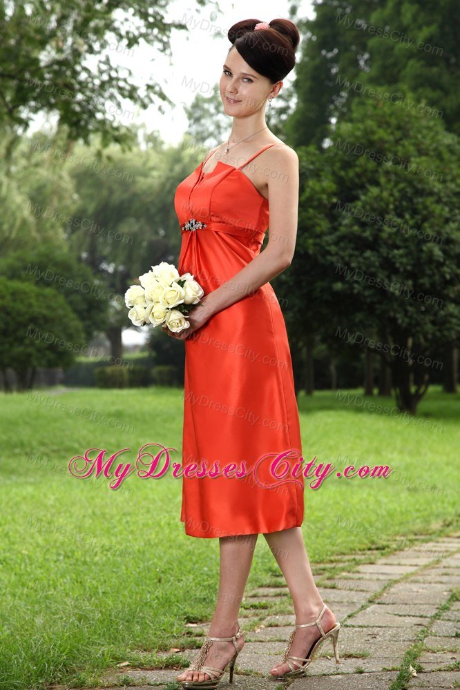 Ruches Spaghetti Straps Orange Bridesmaid Dress with Beaded Belt