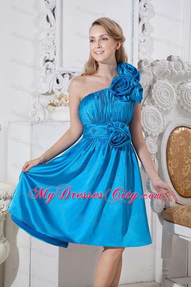 Exquisite Short Flowery and Ruched Sky Blue Bridesmaid Dress